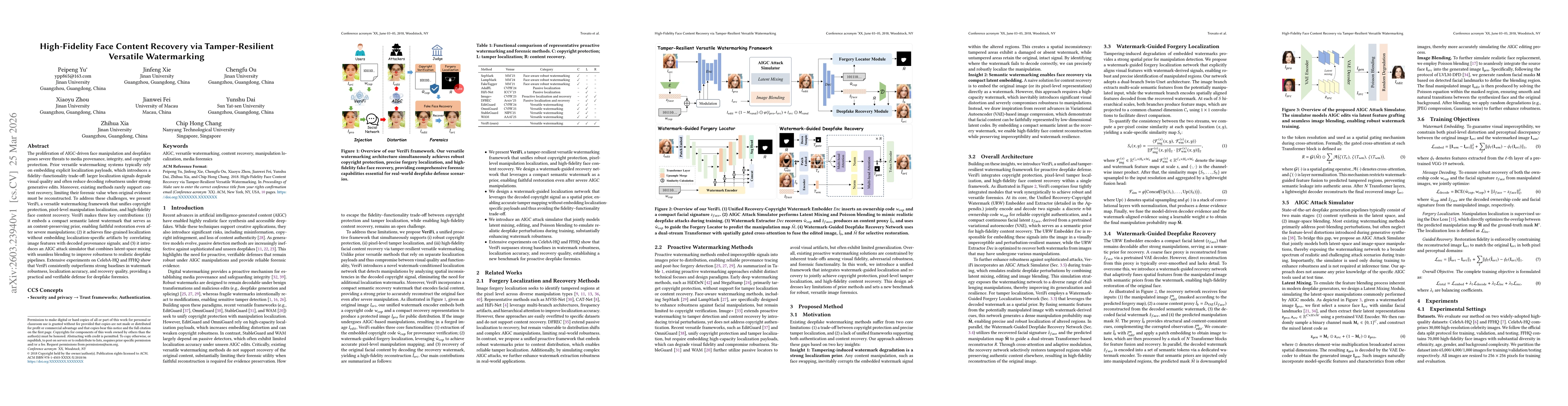 Thumbnail for High-Fidelity Face Content Recovery via Tamper-Resilient Versatile Watermarking