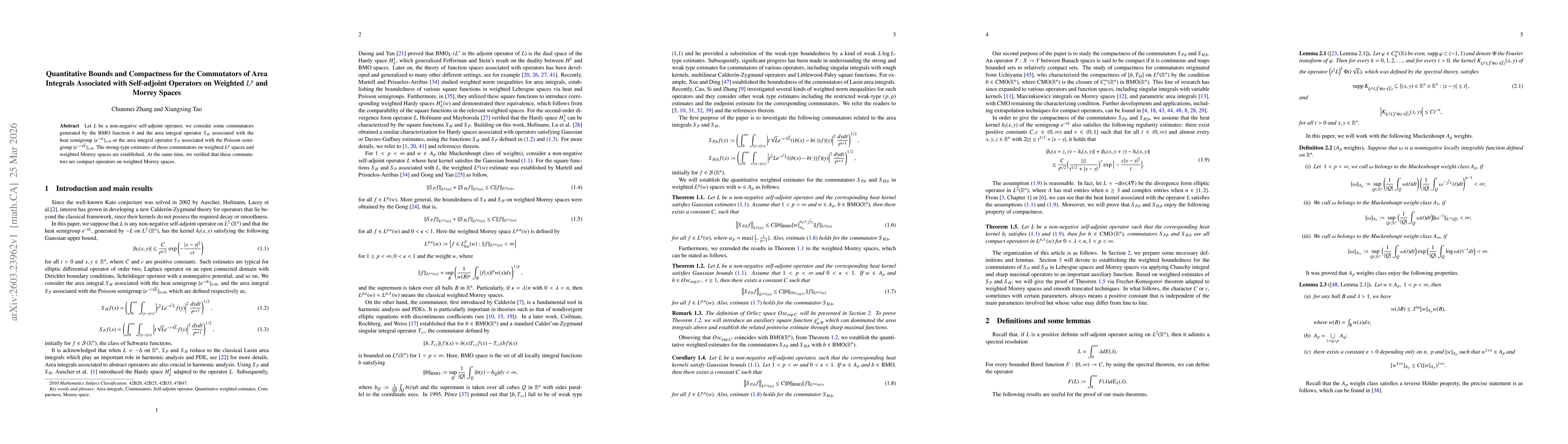 Thumbnail for Quantitative Bounds and Compactness for the Commutators of Area Integrals Associated with Self-adjoint Operators on Weighted $L^p$ and Morrey Spaces