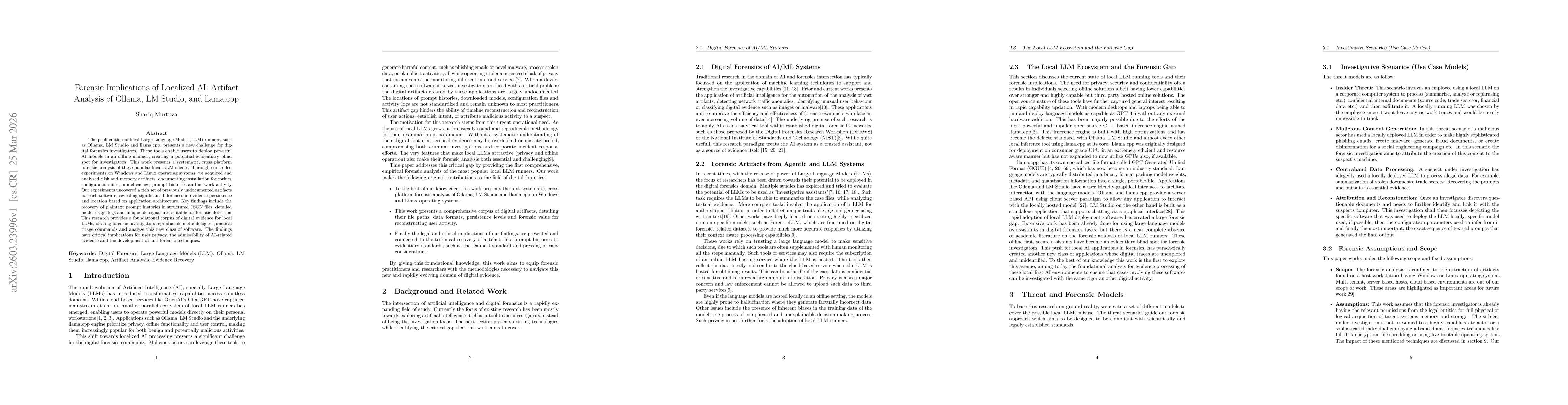 Thumbnail for Forensic Implications of Localized AI: Artifact Analysis of Ollama, LM Studio, and llama.cpp