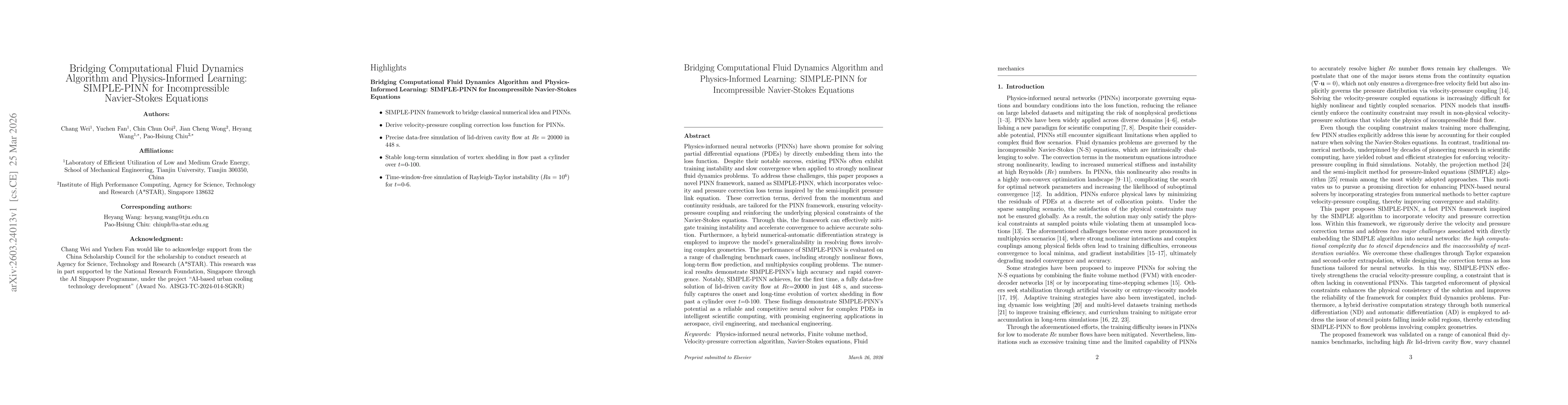 Thumbnail for Bridging Computational Fluid Dynamics Algorithm and Physics-Informed Learning: SIMPLE-PINN for Incompressible Navier-Stokes Equations