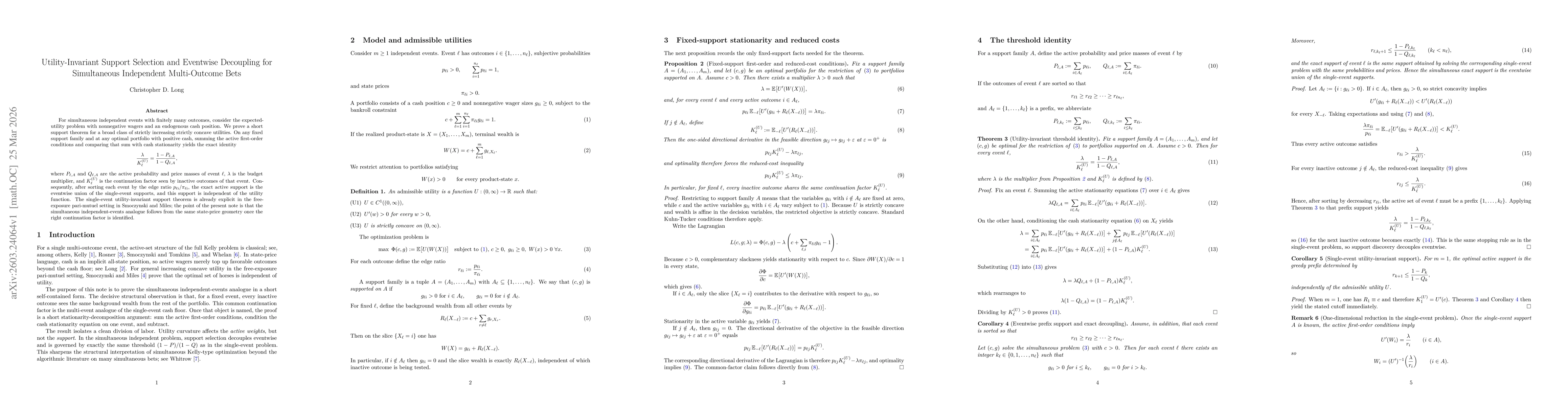 Thumbnail for Utility-Invariant Support Selection and Eventwise Decoupling for Simultaneous Independent Multi-Outcome Bets