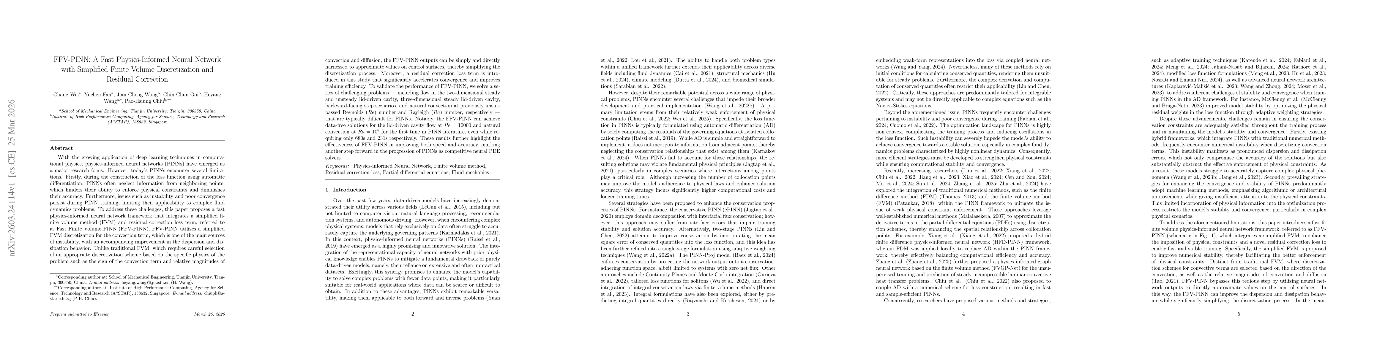 Thumbnail for FFV-PINN: A Fast Physics-Informed Neural Network with Simplified Finite Volume Discretization and Residual Correction