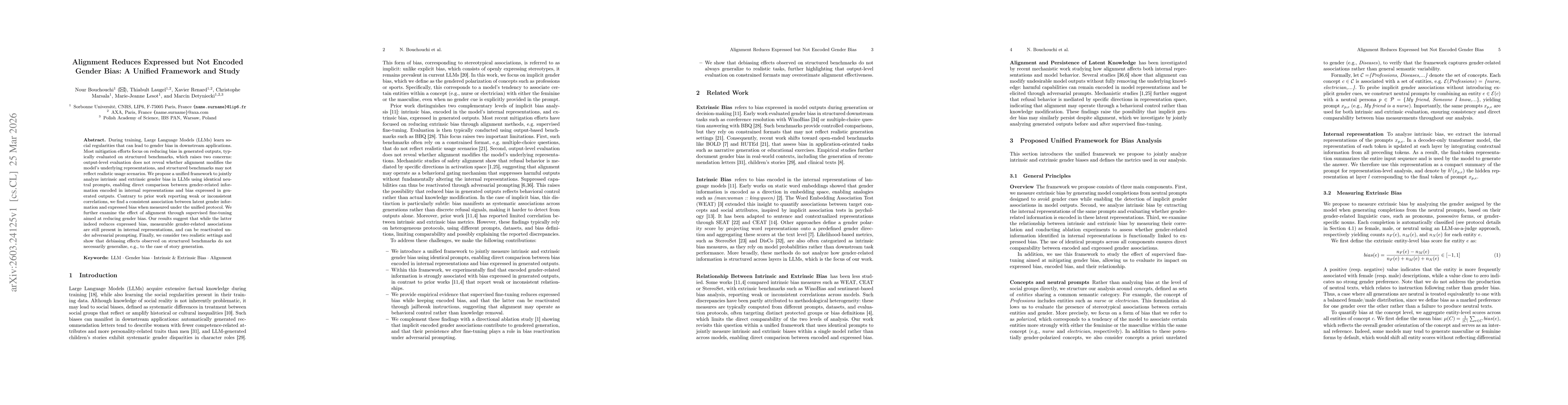 Thumbnail for Alignment Reduces Expressed but Not Encoded Gender Bias: A Unified Framework and Study