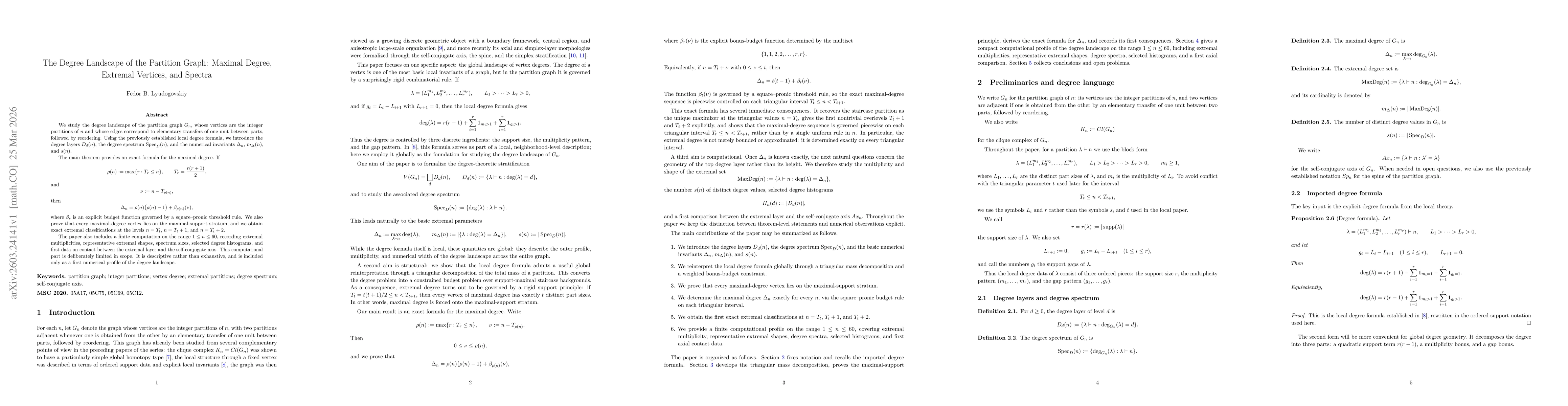 Thumbnail for The Degree Landscape of the Partition Graph: Maximal Degree, Extremal Vertices, and Spectra