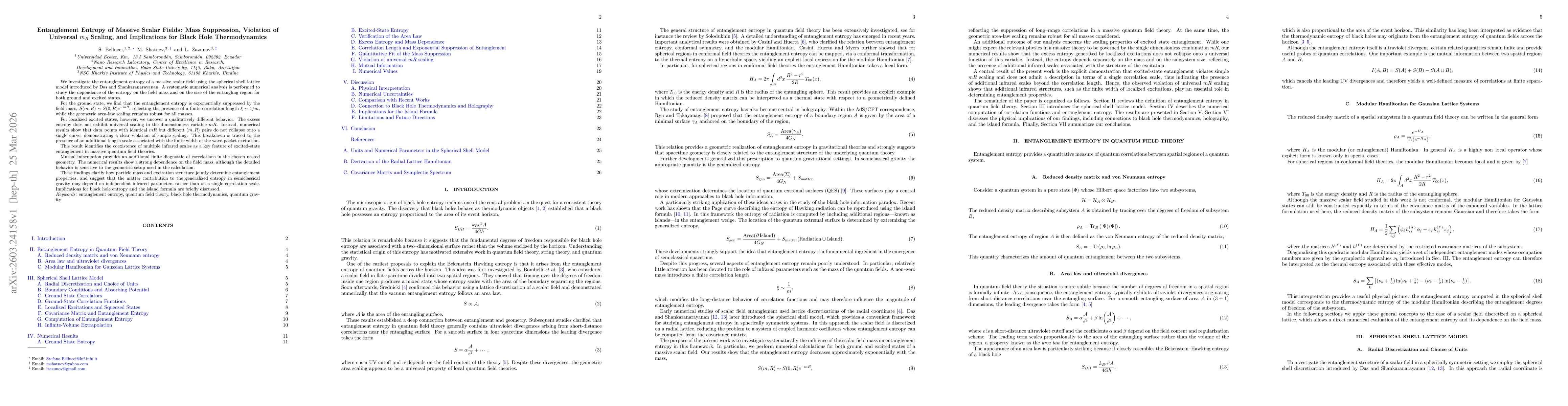 Thumbnail for Entanglement Entropy of Massive Scalar Fields: Mass Suppression, Violation of Universal mR Scaling, and Implications for Black Hole Thermodynamics
