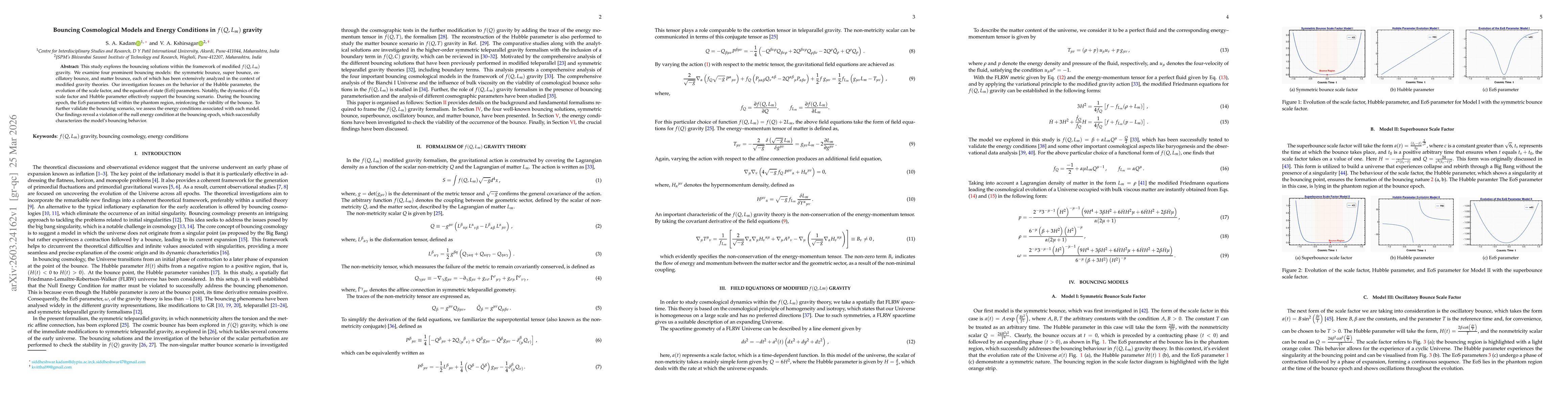Thumbnail for Bouncing Cosmological Models and Energy Conditions in $f(Q, L_m)$ gravity