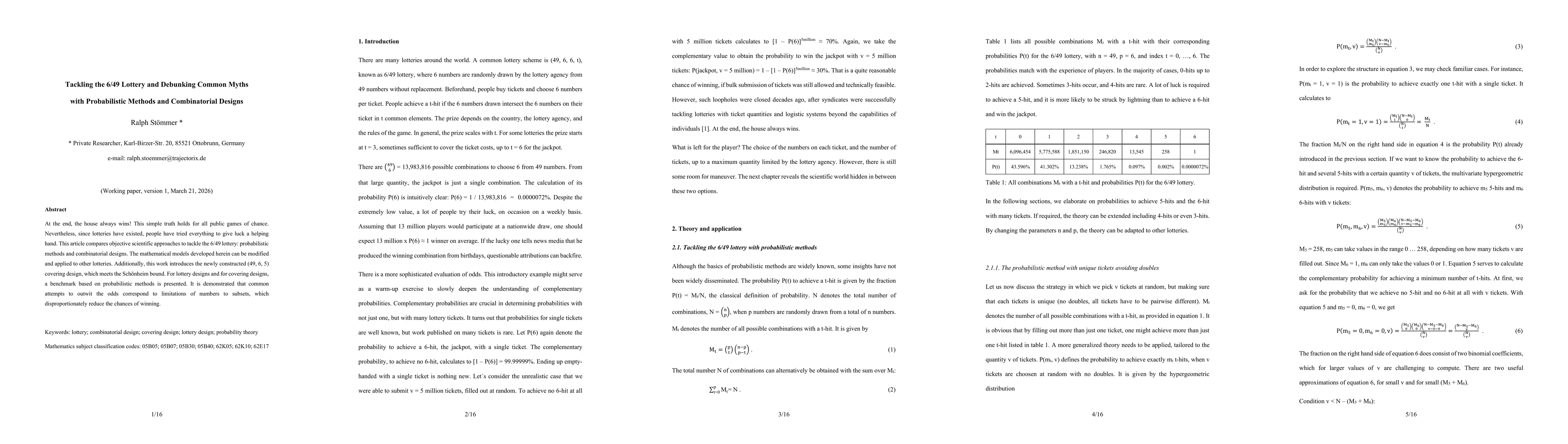 Thumbnail for Tackling the 6/49 Lottery and Debunking Common Myths with Probabilistic Methods and Combinatorial Designs