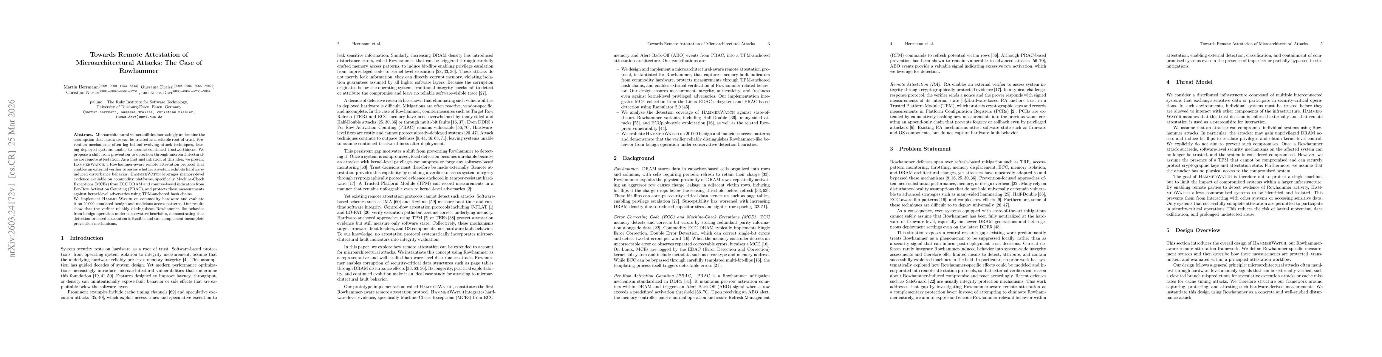 Thumbnail for Towards Remote Attestation of Microarchitectural Attacks: The Case of Rowhammer