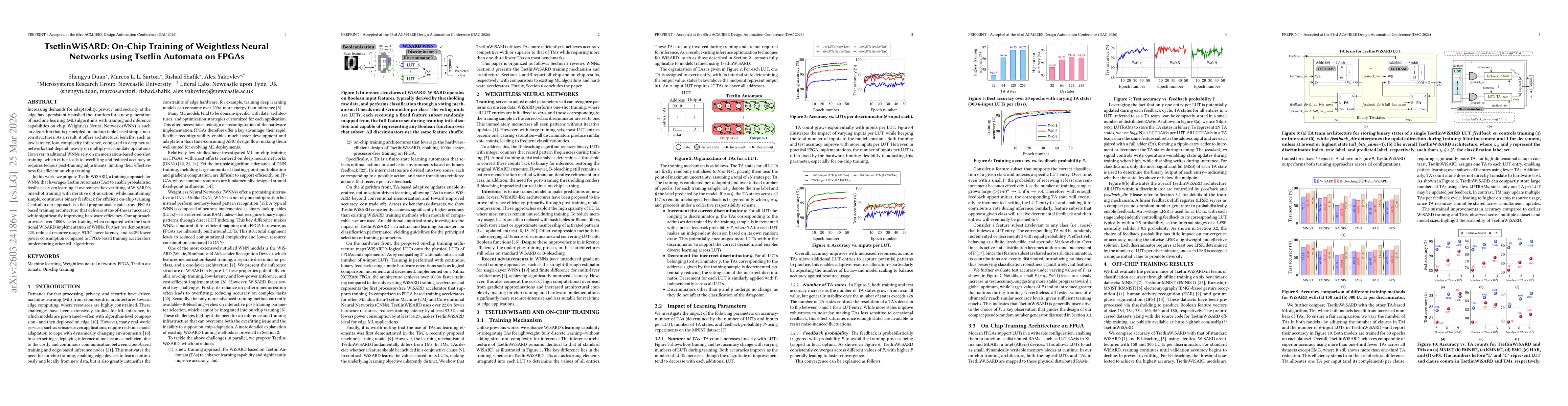 Thumbnail for TsetlinWiSARD: On-Chip Training of Weightless Neural Networks using Tsetlin Automata on FPGAs