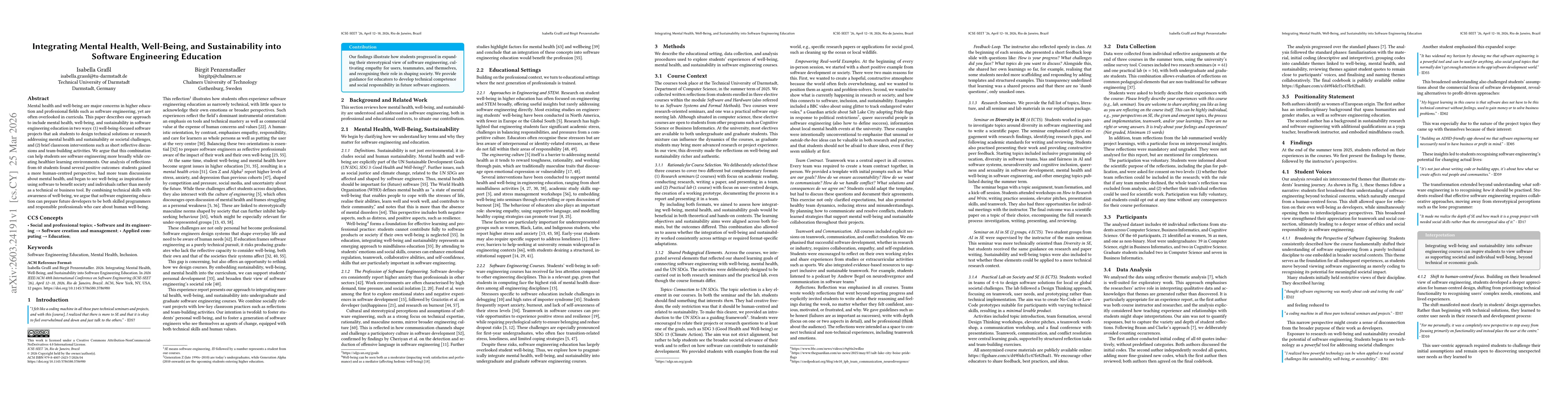 Thumbnail for Integrating Mental Health, Well-Being, and Sustainability into Software Engineering Education
