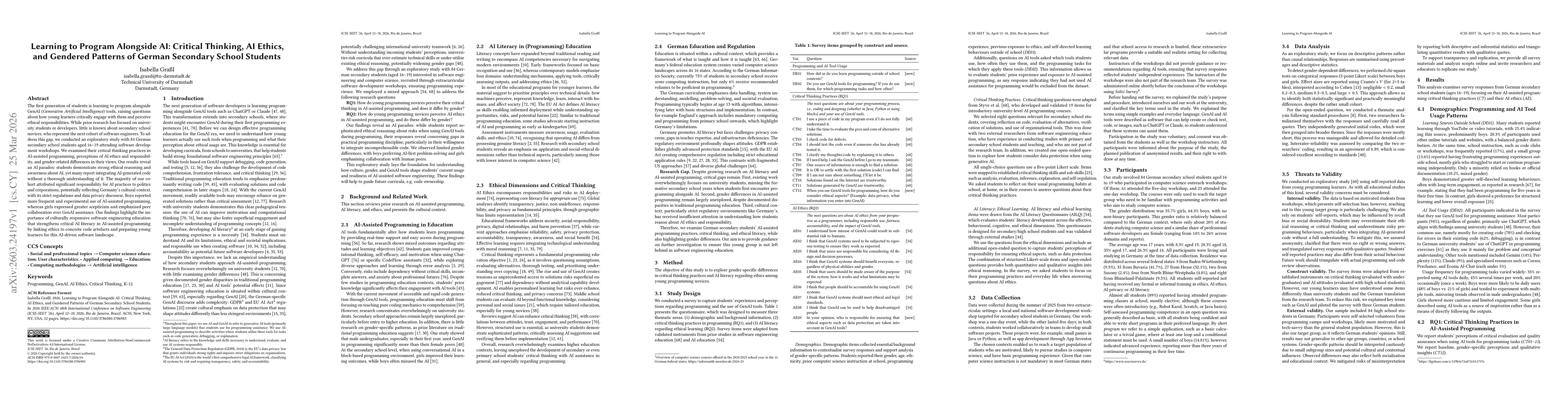 Thumbnail for The First Generation of AI-Assisted Programming Learners: Gendered Patterns in Critical Thinking and AI Ethics of German Secondary School Students