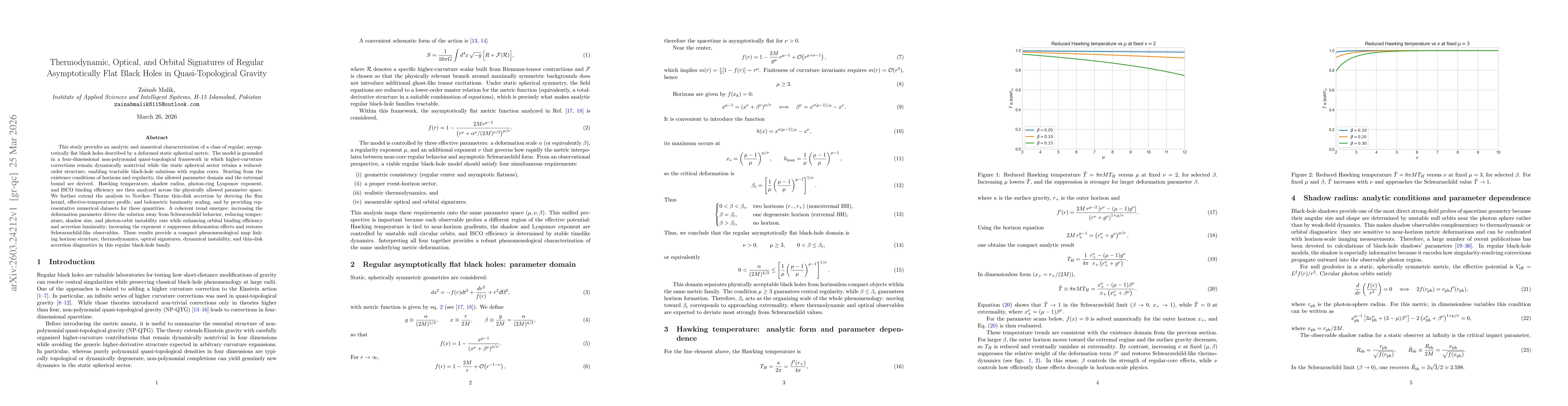Thumbnail for Thermodynamic, Optical, and Orbital Signatures of Regular Asymptotically Flat Black Holes in Quasi-Topological Gravity