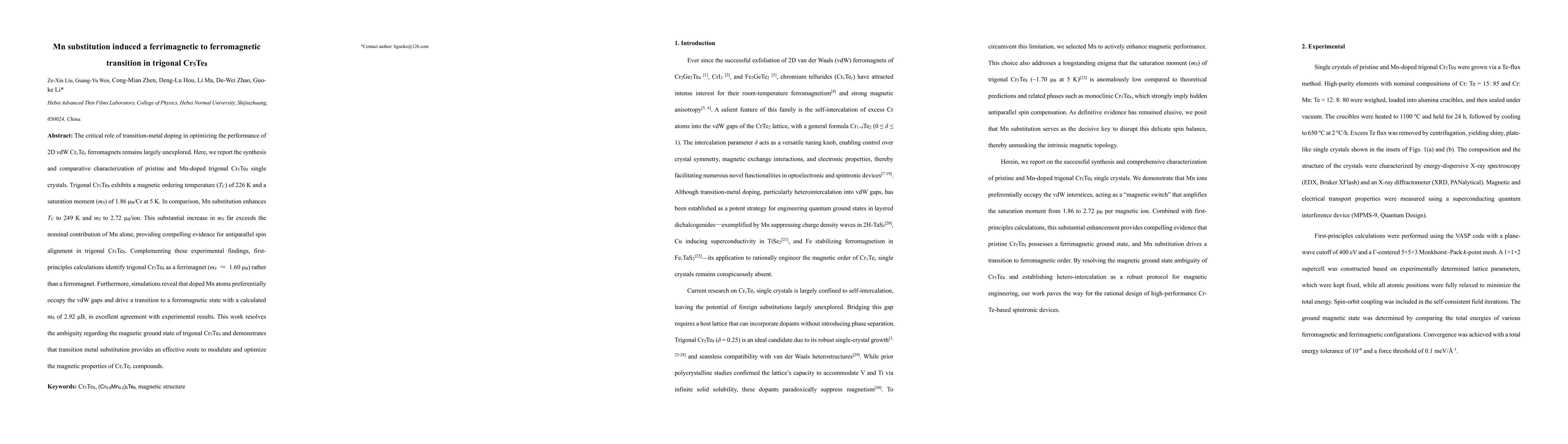 Thumbnail for Mn substitution induced a ferrimagnetic to ferromagnetic transition in trigonal $\text{Cr}_5\text{Te}_8$