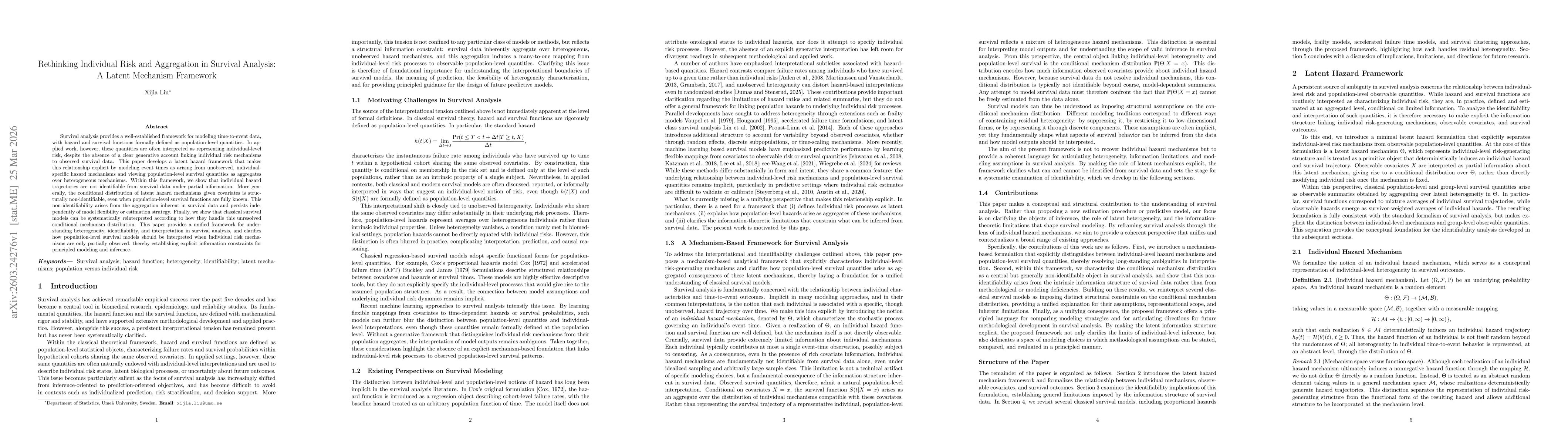 Thumbnail for Rethinking Individual Risk and Aggregation in Survival Analysis: A Latent Mechanism Framework