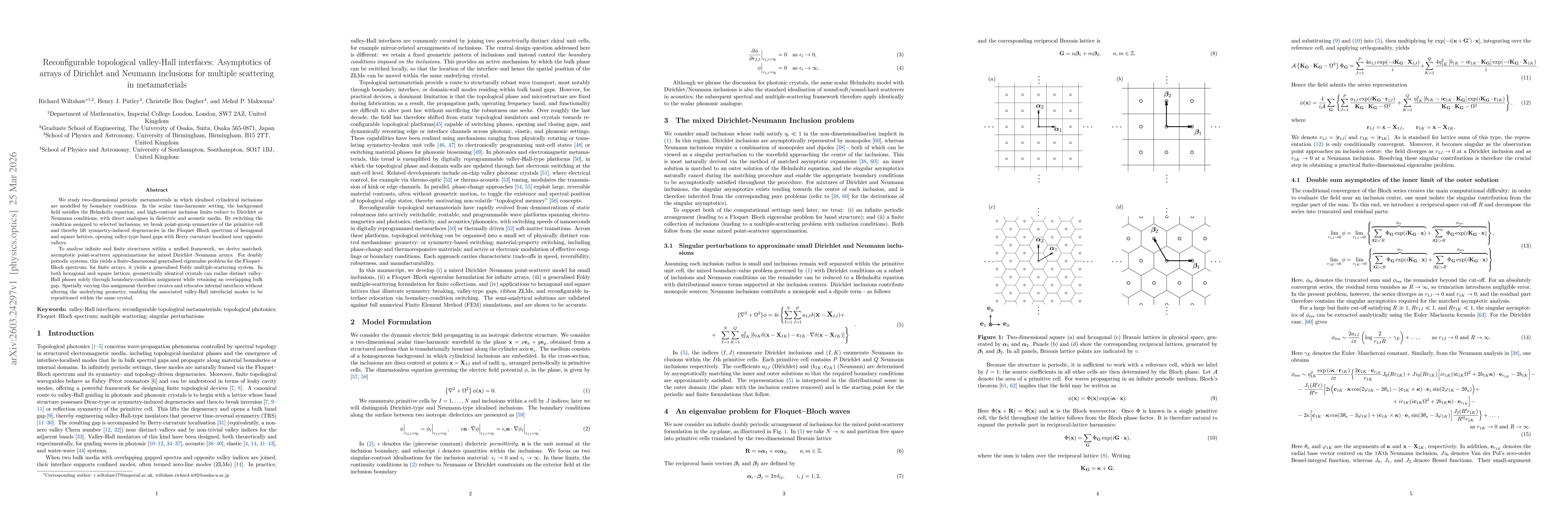 Thumbnail for Reconfigurable topological valley-Hall interfaces: Asymptotics of arrays of Dirichlet and Neumann inclusions for multiple scattering in metamaterials