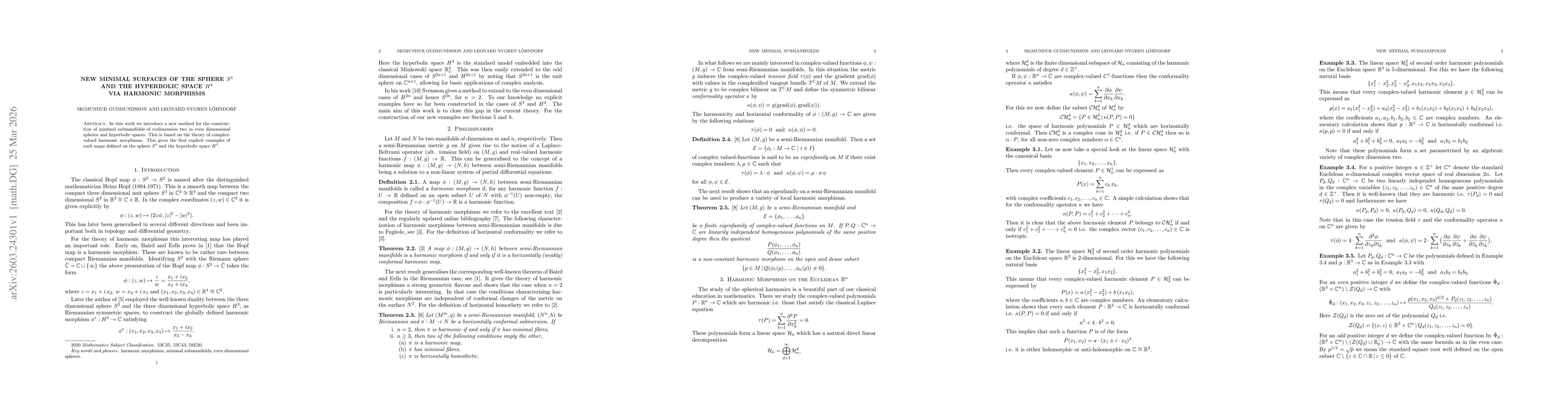 Thumbnail for New Minimal Surfaces of the Sphere $S^4$ and the Hyperbolic Space $H^4$ via Harmonic Morphisms