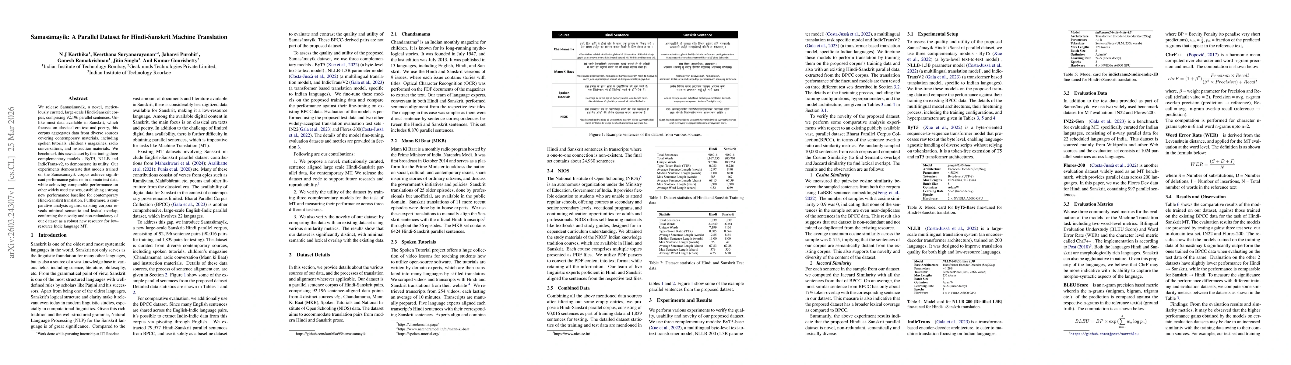 Thumbnail for Samasāmayik: A Parallel Dataset for Hindi-Sanskrit Machine Translation