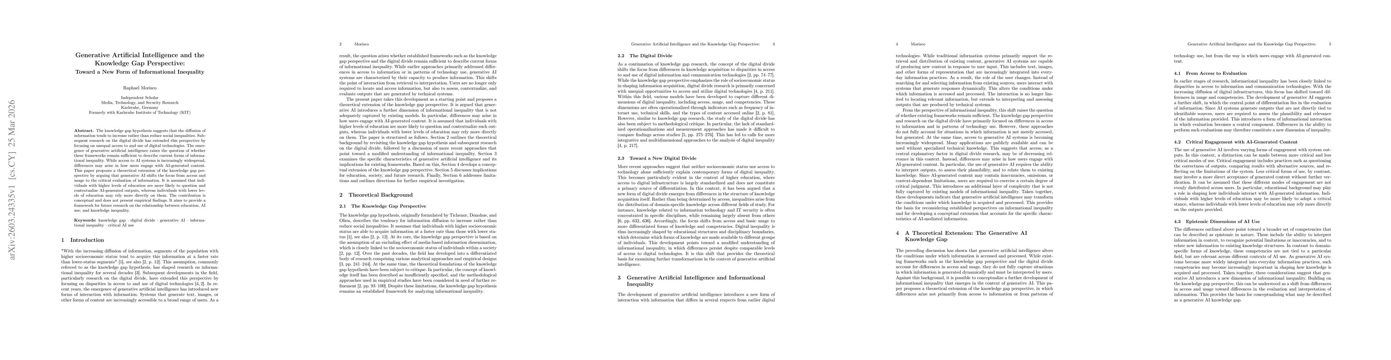 Thumbnail for Generative Artificial Intelligence and the Knowledge Gap: Toward a New Form of Informational Inequality