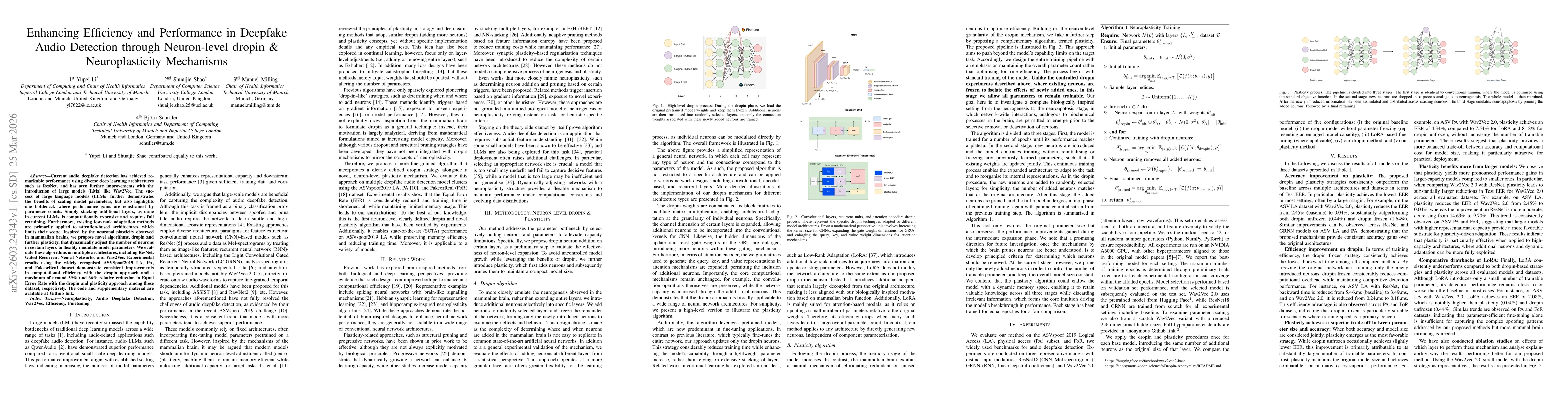 Thumbnail for Enhancing Efficiency and Performance in Deepfake Audio Detection through Neuron-level dropin & Neuroplasticity Mechanisms