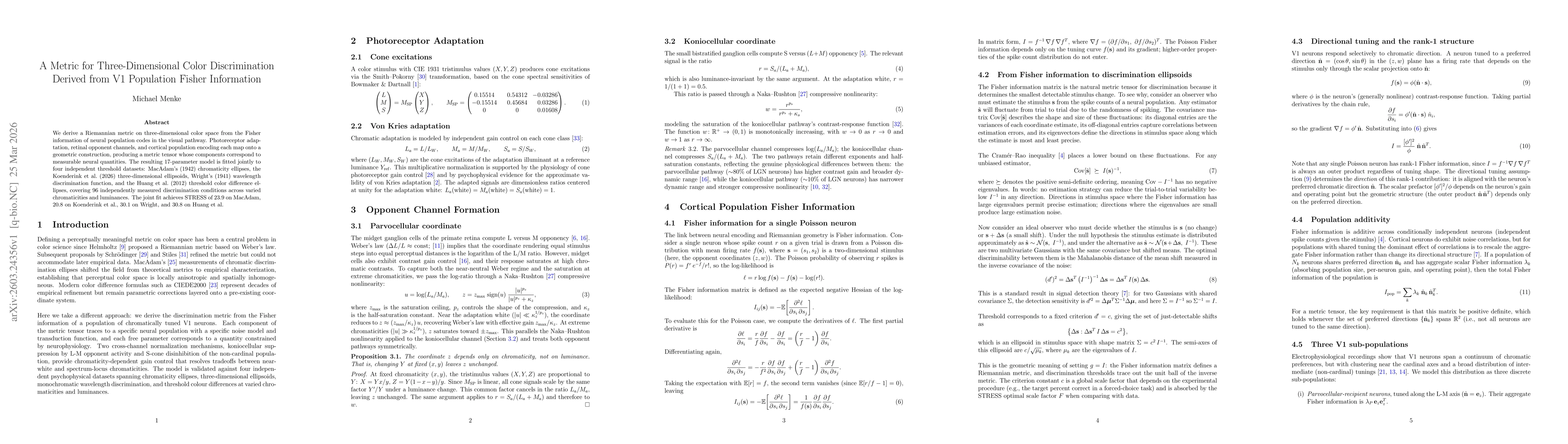 Thumbnail for A Metric for Three-Dimensional Color Discrimination Derived from V1 Population Fisher Information