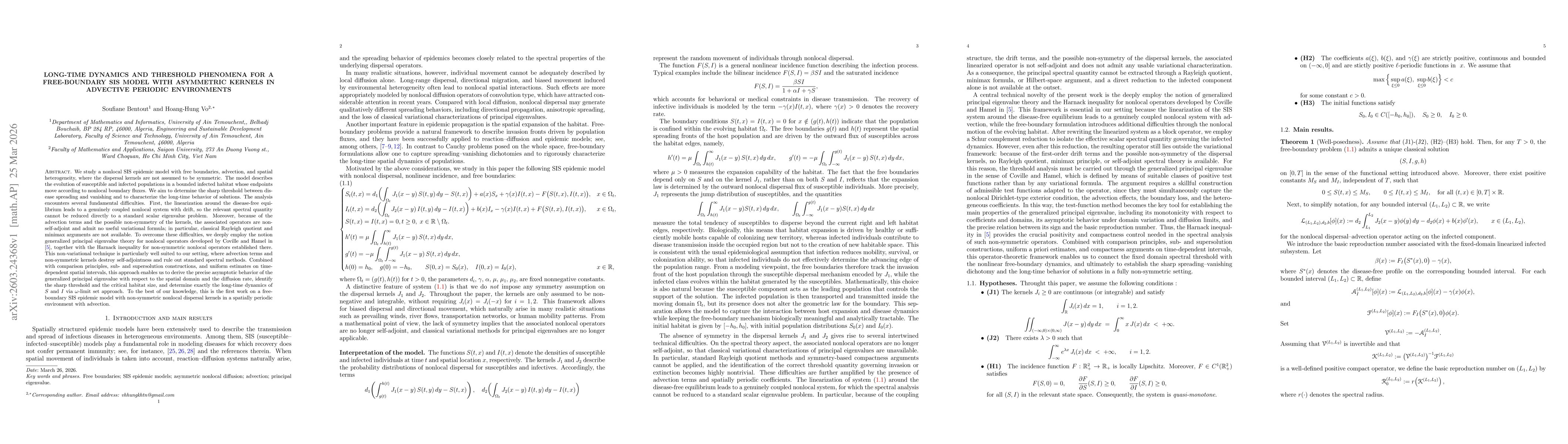 Thumbnail for Long-time dynamics and threshold Phenomena for a free-boundary SIS Model with asymmetric kernels in advective periodic environments