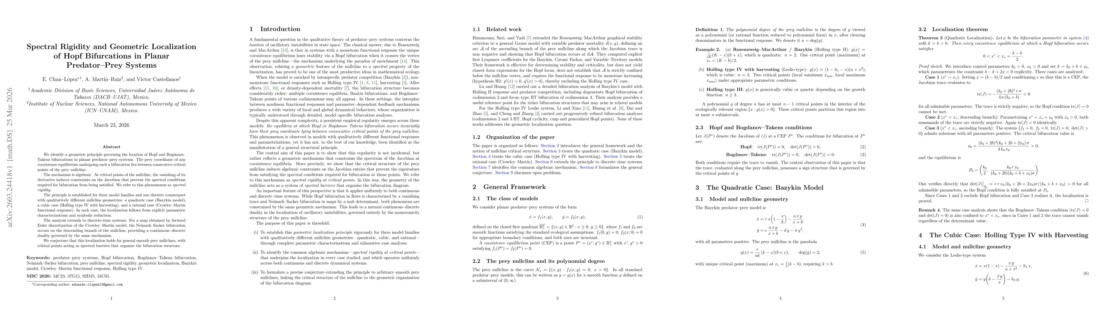 Thumbnail for Spectral Rigidity and Geometric Localization of Hopf Bifurcations in Planar Predator-Prey Systems