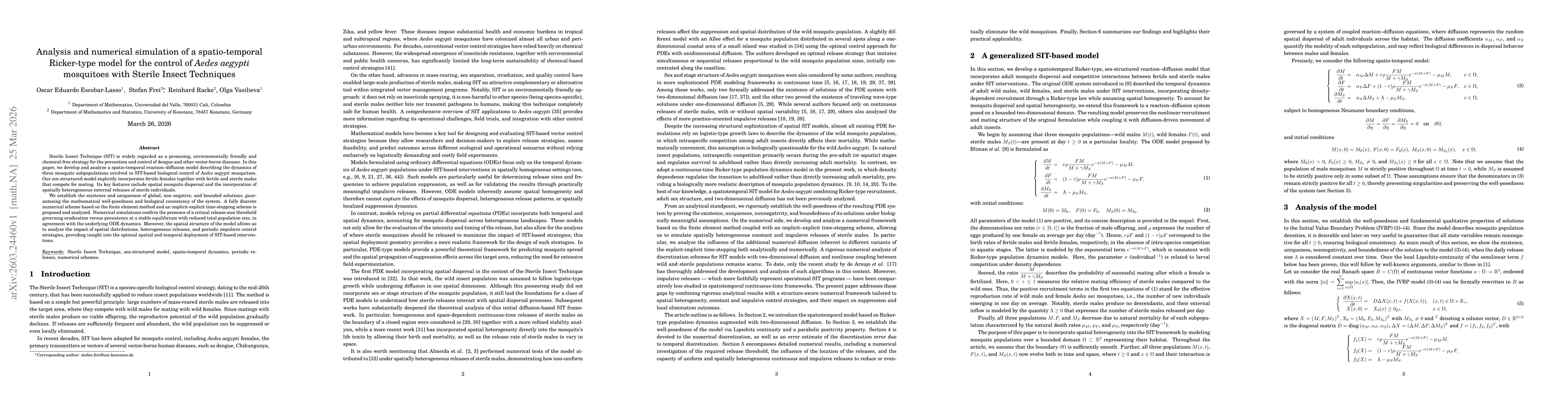 Thumbnail for Analysis and numerical simulation of a spatio-temporal Ricker-type model for the control of Aedes aegypti mosquitoes with Sterile Insect Techniques