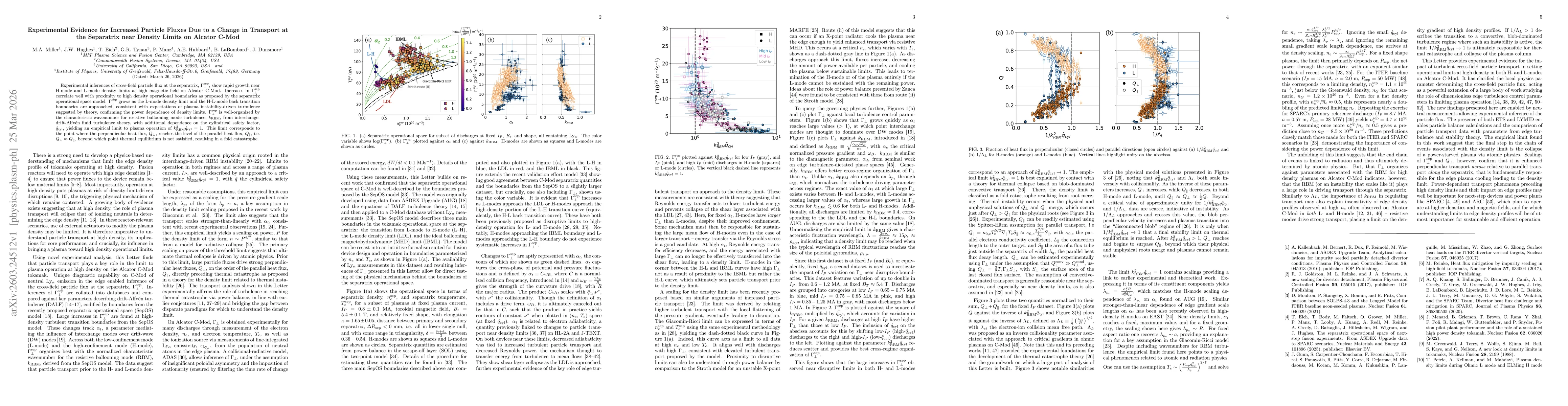 Thumbnail for Experimental Evidence for Increased Particle Fluxes Due to a Change in Transport at the Separatrix near Density Limits on Alcator C-Mod