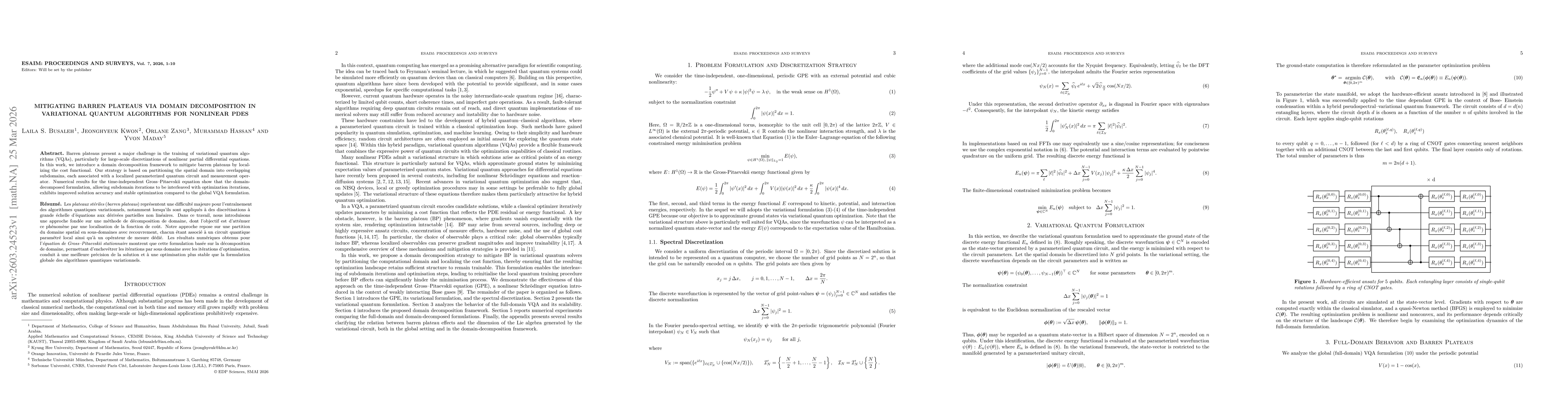 Thumbnail for Mitigating Barren Plateaus via Domain Decomposition in Variational Quantum Algorithms for Nonlinear PDEs