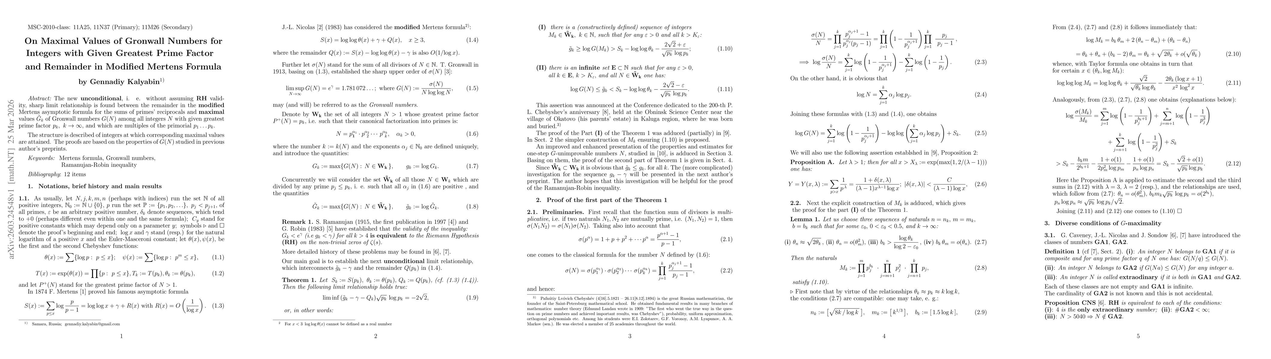 Thumbnail for On Maximal Values of Gronwall Numbers for Integers with Given Greatest Prime Factor and Remainder in Modified Mertens Formula