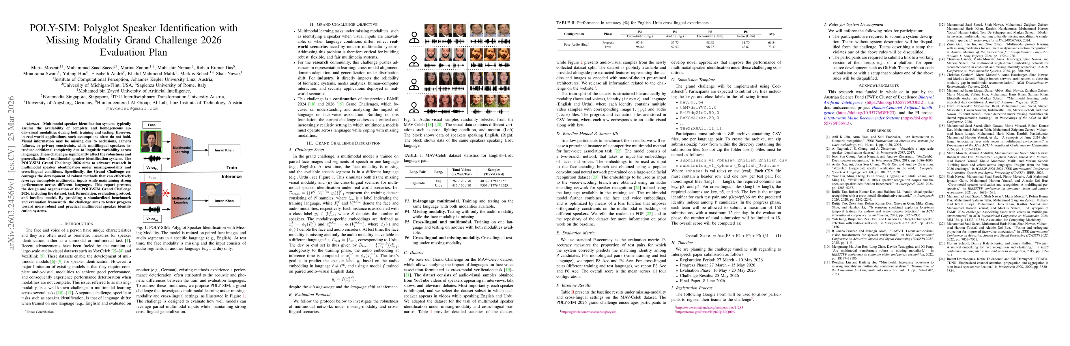 Thumbnail for POLY-SIM: Polyglot Speaker Identification with Missing Modality Grand Challenge 2026 Evaluation Plan