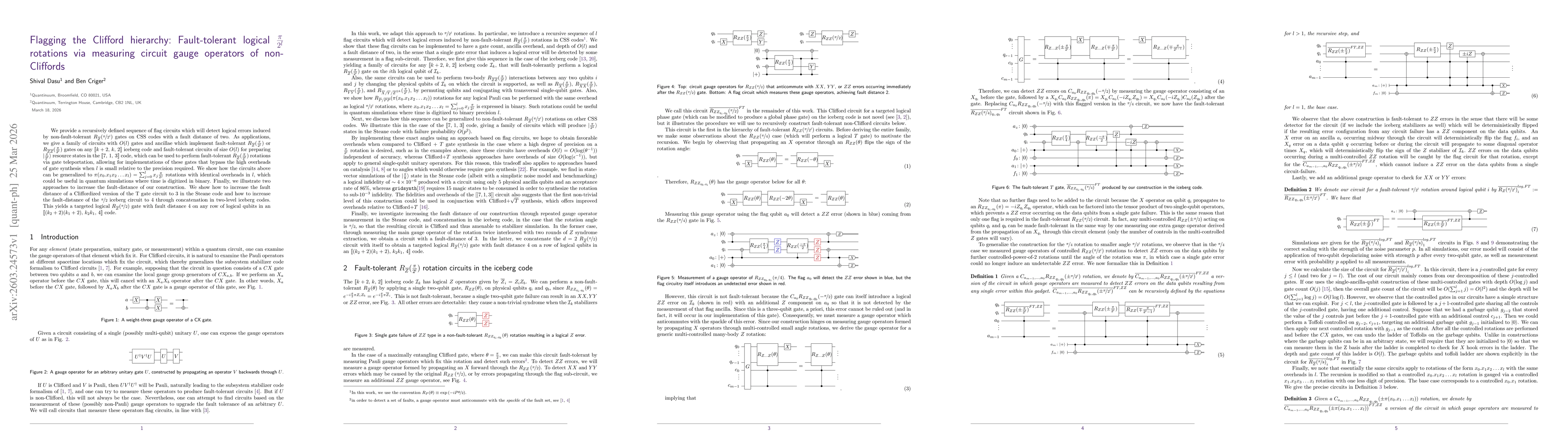 Thumbnail for Flagging the Clifford hierarchy:~Fault-tolerant logical $\fracπ{2^l}$ rotations via measuring circuit gauge operators of non-Cliffords