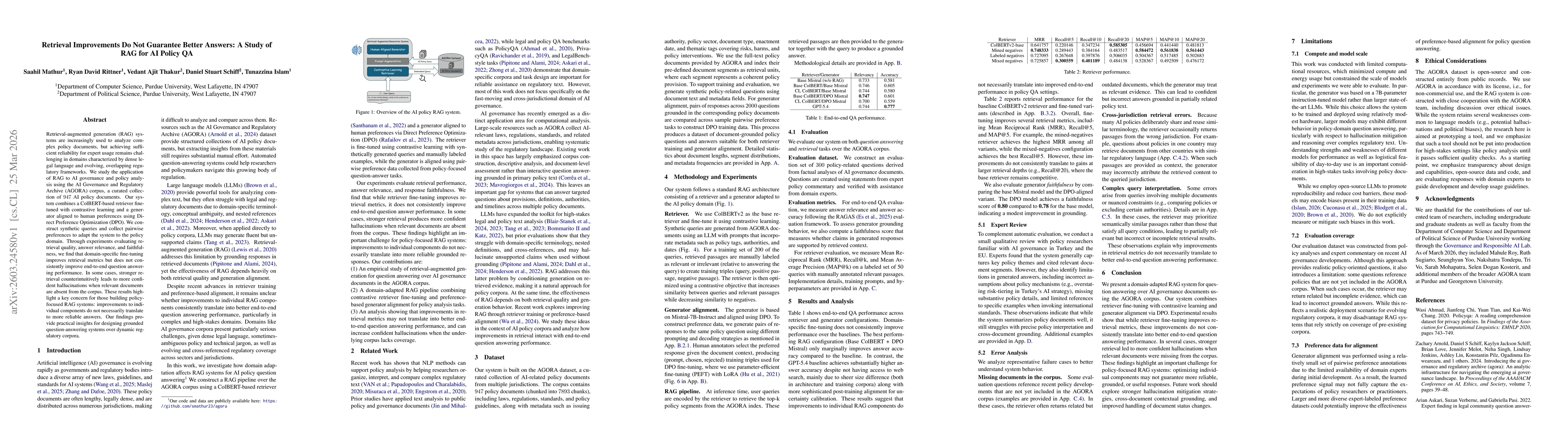 Thumbnail for Retrieval Improvements Do Not Guarantee Better Answers: A Study of RAG for AI Policy QA