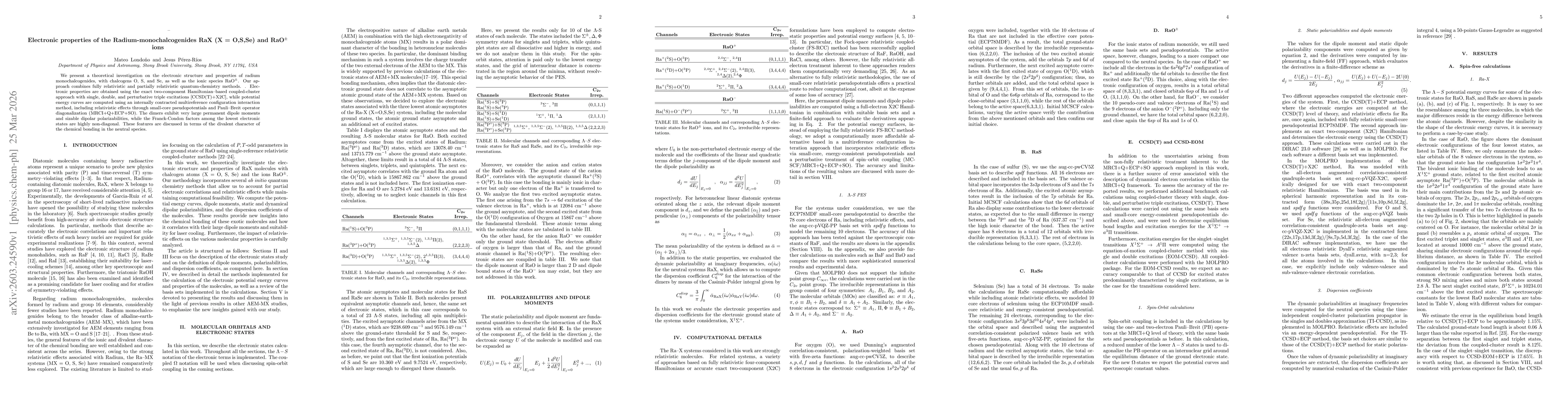 Thumbnail for Electronic properties of the Radium-monochalcogenides RaX (X = O,S,Se) and RaO+/- ions