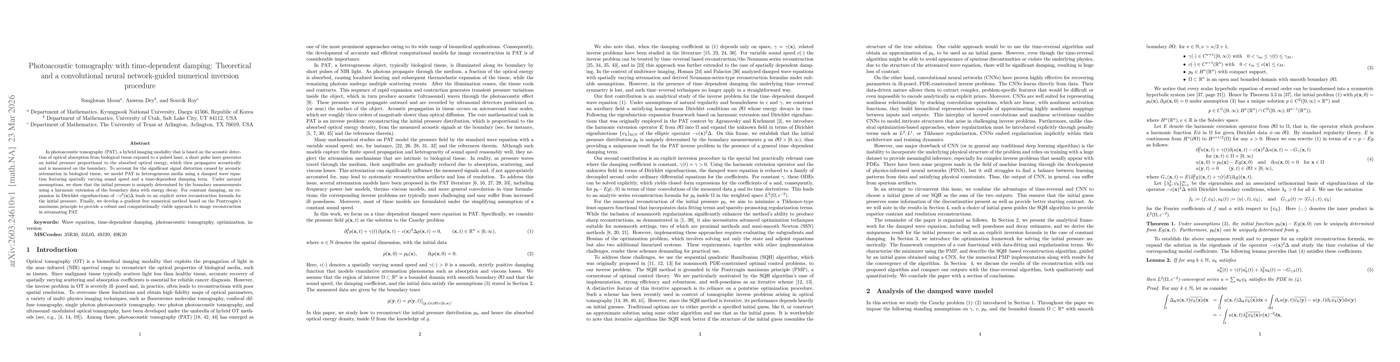 Thumbnail for Photoacoustic tomography with time-dependent damping: Theoretical and a convolutional neural network-guided numerical inversion procedure