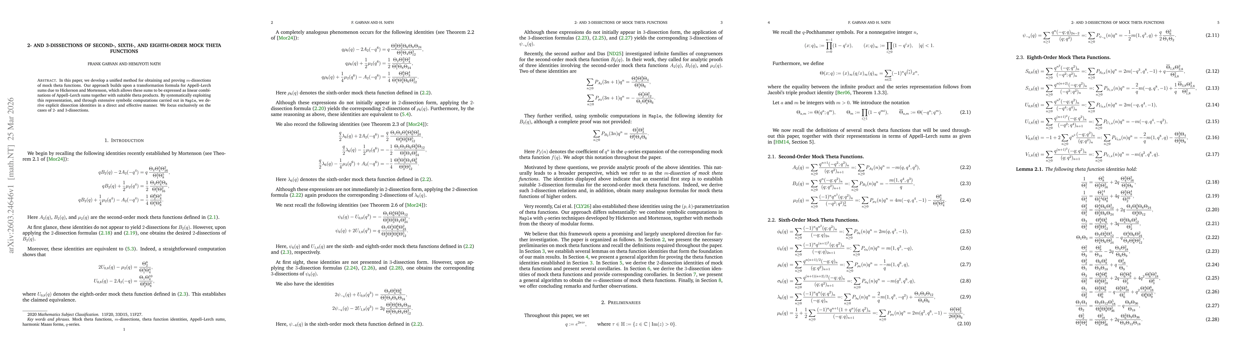 Thumbnail for 2- and 3-Dissections of Second-, Sixth-, and Eighth-Order Mock Theta Functions