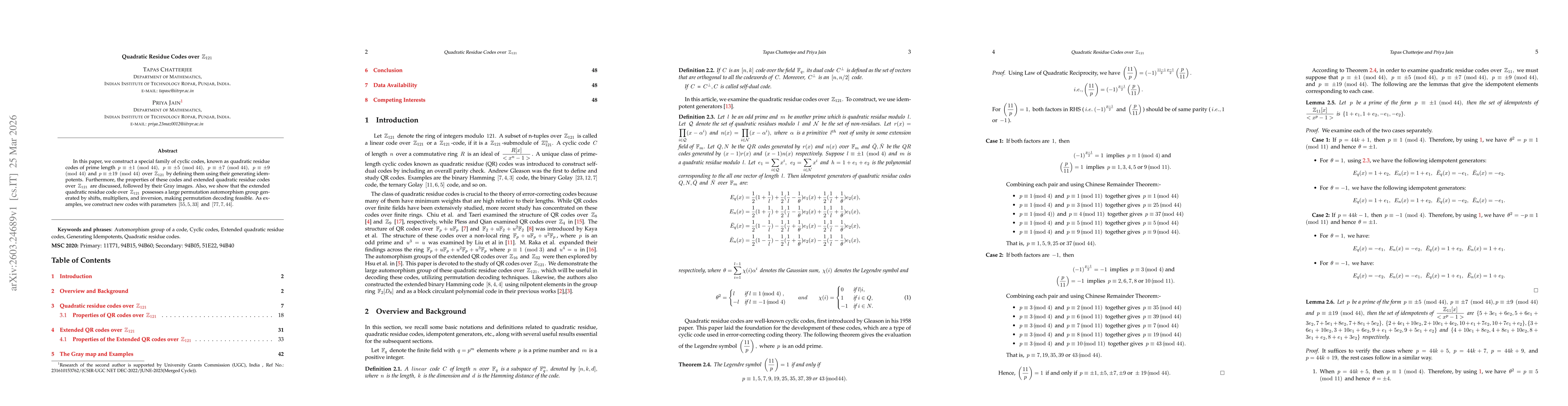 Thumbnail for Quadratic Residue Codes over $\mathbb{Z}_{121}$