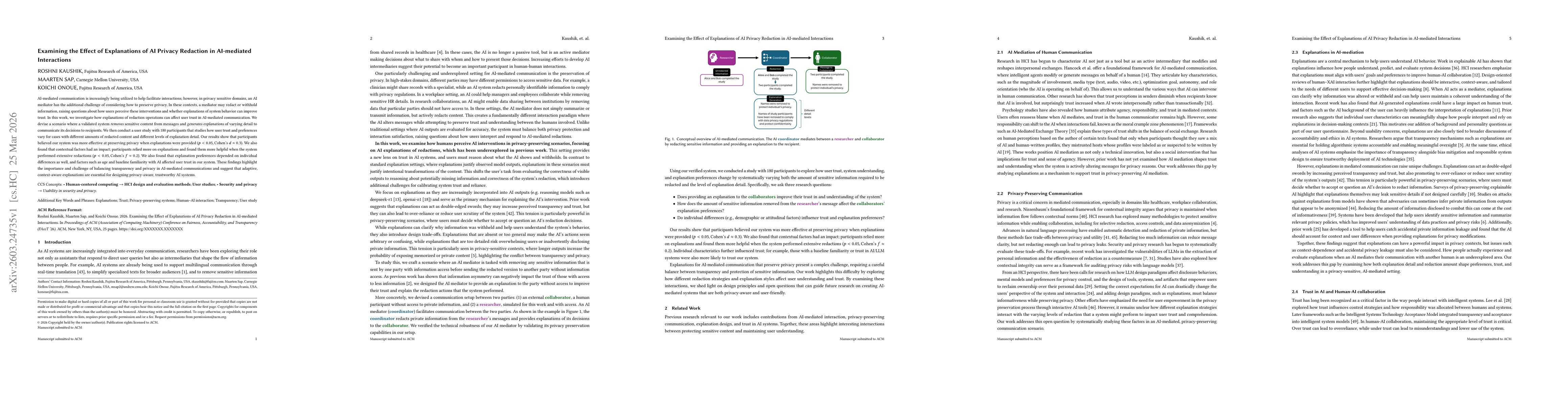 Thumbnail for Examining the Effect of Explanations of AI Privacy Redaction in AI-mediated Interactions