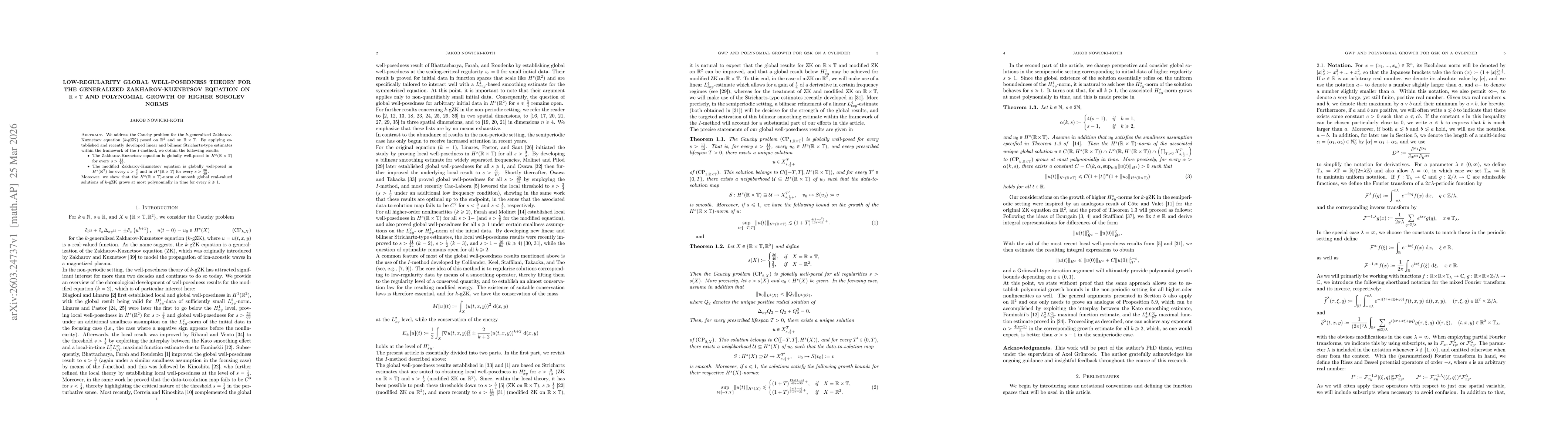 Thumbnail for Low-regularity global well-posedness theory for the generalized Zakharov-Kuznetsov equation on $\mathbb{R} \times \mathbb{T}$ and polynomial growth of higher Sobolev norms