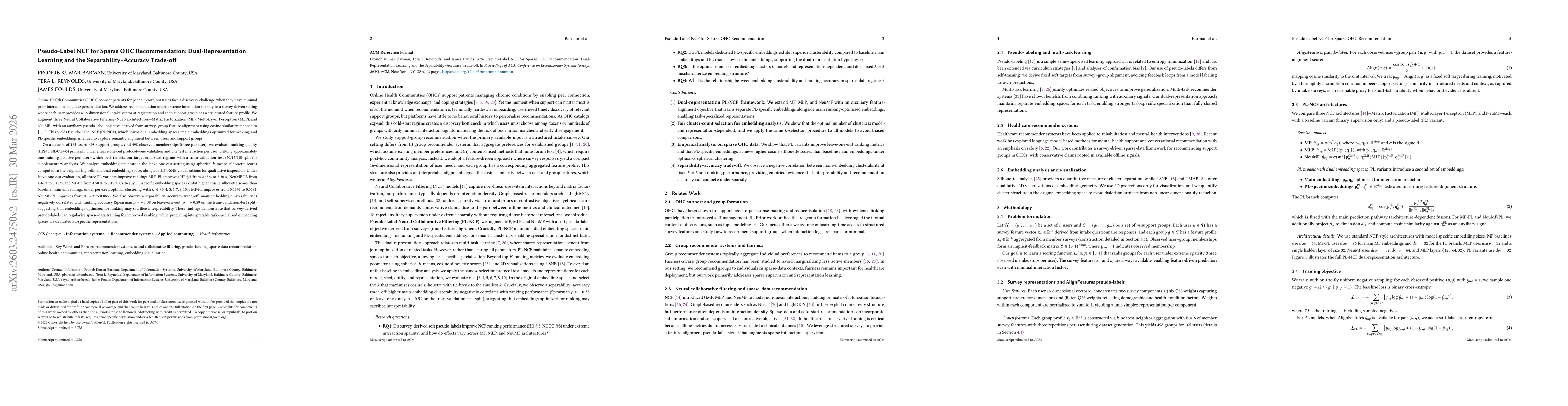 Thumbnail for Pseudo Label NCF for Sparse OHC Recommendation: Dual Representation Learning and the Separability Accuracy Trade off