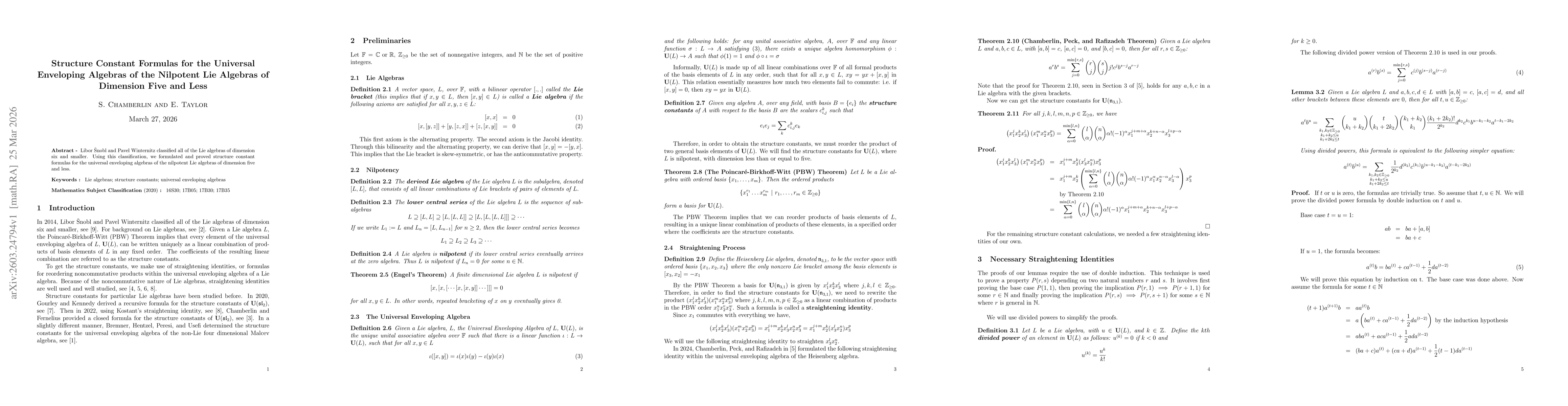 Thumbnail for Structure Constant Formulas for the Universal Enveloping Algebras of the Nilpotent Lie Algebras of Dimension Five and Less
