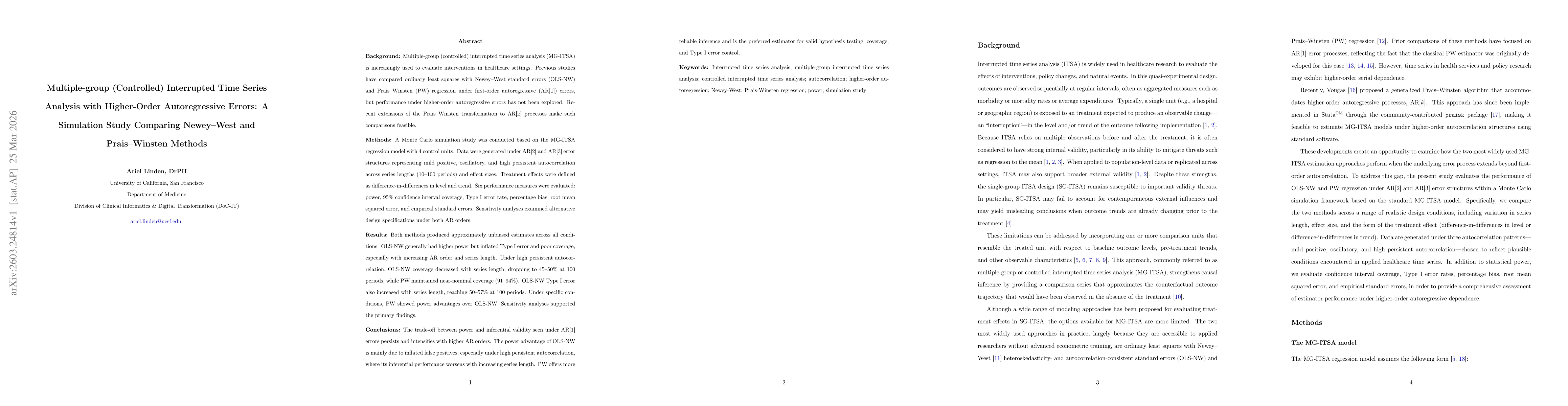 Thumbnail for Multiple-group (Controlled) Interrupted Time Series Analysis with Higher-Order Autoregressive Errors: A Simulation Study Comparing Newey-West and Prais-Winsten Methods
