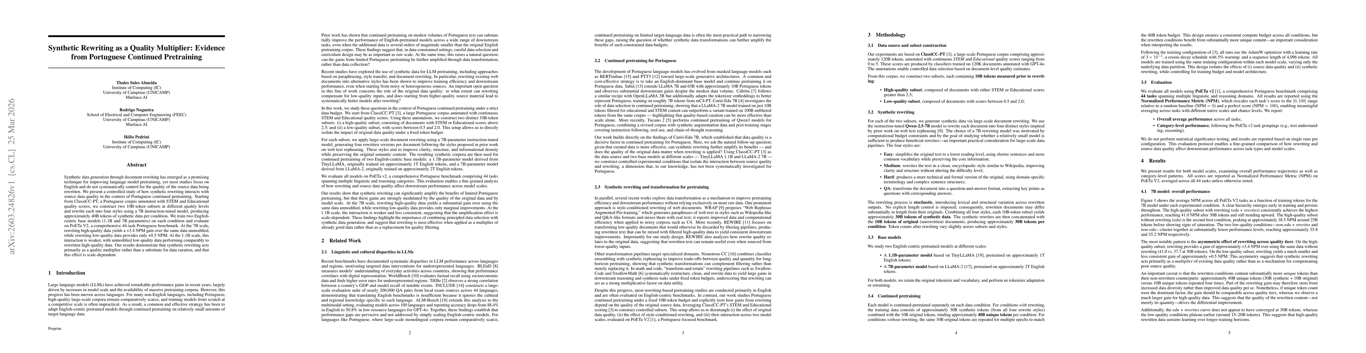 Thumbnail for Synthetic Rewriting as a Quality Multiplier: Evidence from Portuguese Continued Pretraining