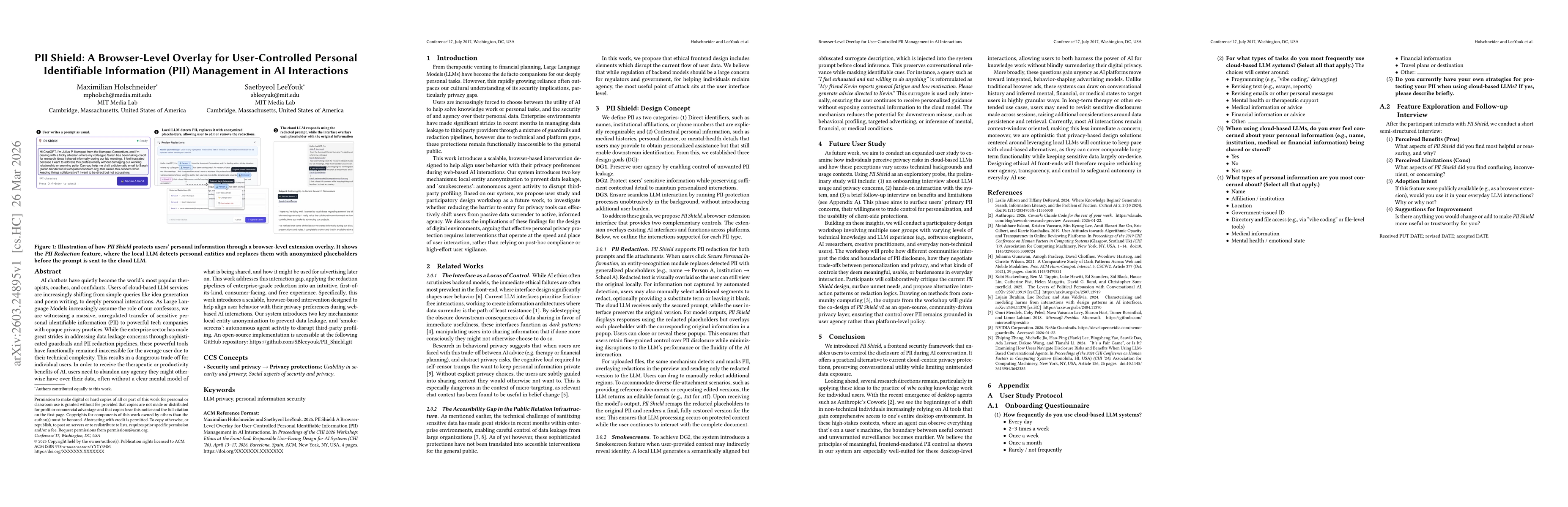Thumbnail for PII Shield: A Browser-Level Overlay for User-Controlled Personal Identifiable Information (PII) Management in AI Interactions