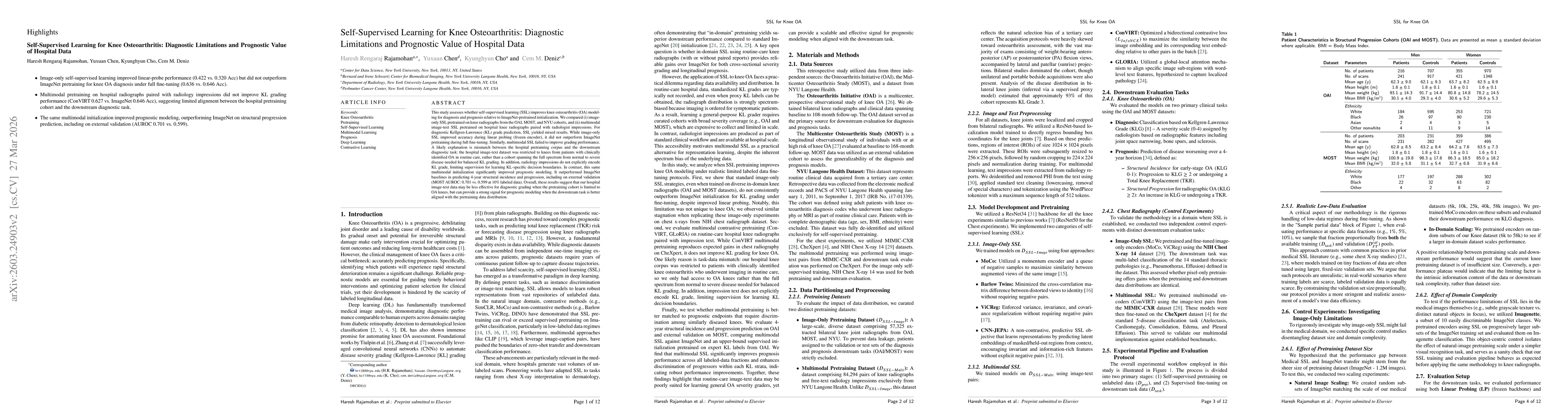 Thumbnail for Self-Supervised Learning for Knee Osteoarthritis: Diagnostic Limitations and Prognostic Value of Uncurated Hospital Data