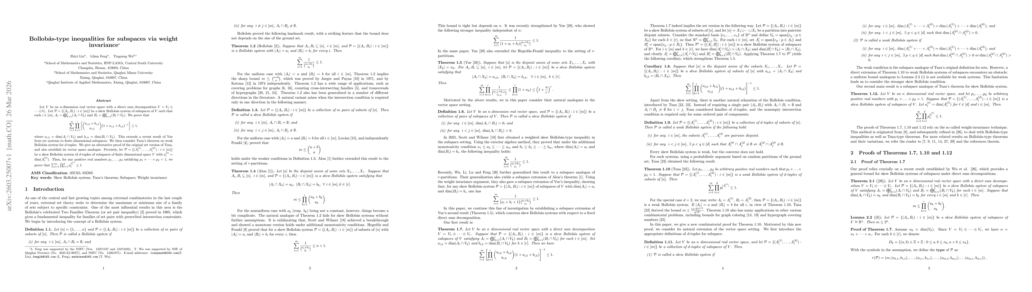 Thumbnail for Bollobás-type inequalities for subspaces via weight invariance