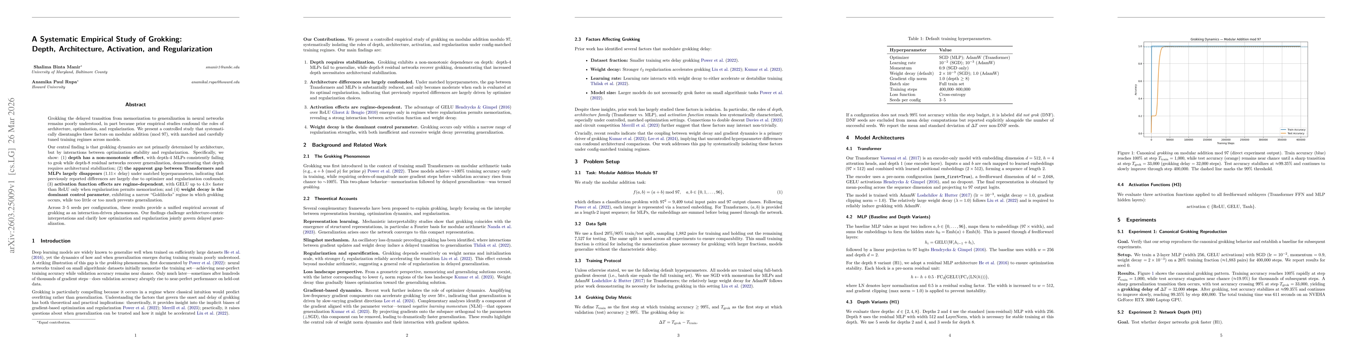 Thumbnail for A Systematic Empirical Study of Grokking: Depth, Architecture, Activation, and Regularization