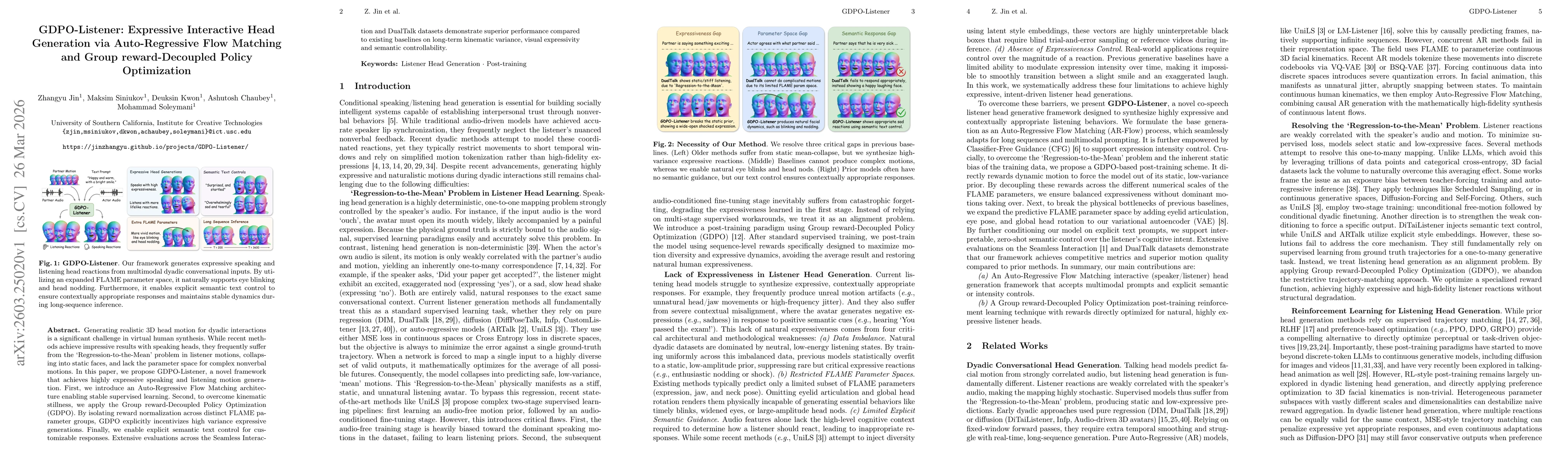 Thumbnail for GDPO-Listener: Expressive Interactive Head Generation via Auto-Regressive Flow Matching and Group reward-Decoupled Policy Optimization
