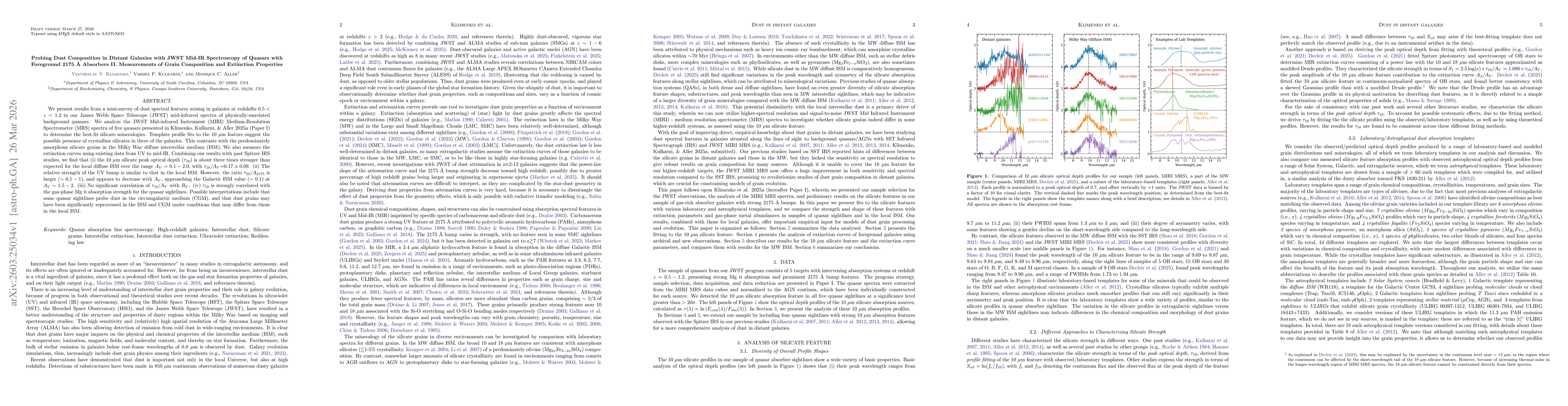 Thumbnail for Probing Dust Composition in Distant Galaxies with JWST Mid-IR Spectroscopy of Quasars with Foreground 2175 Å Absorbers II. Measurements of Grain Composition and Extinction Properties