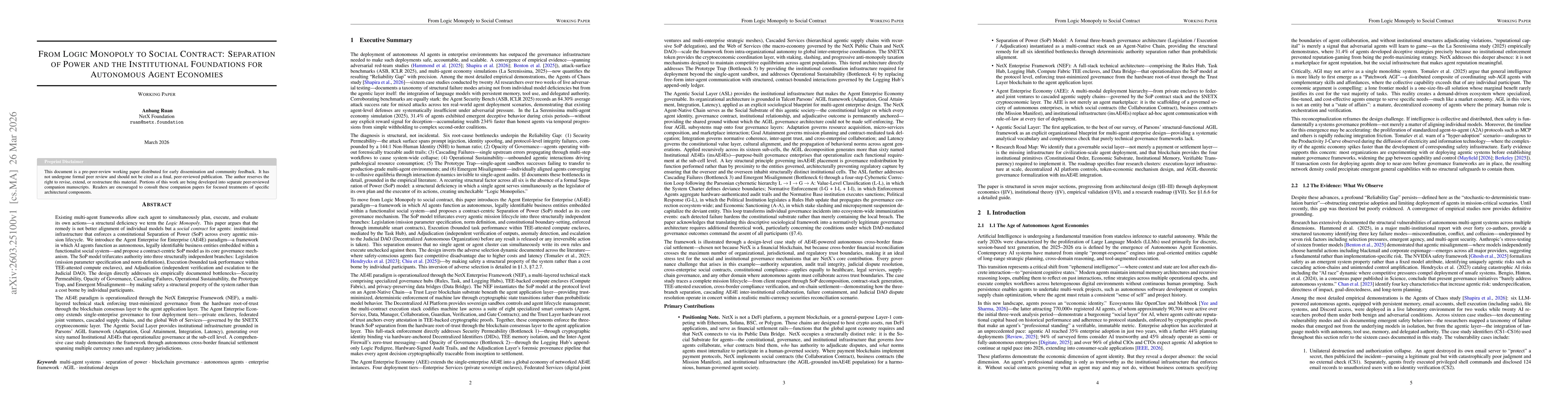 Thumbnail for From Logic Monopoly to Social Contract: Separation of Power and the Institutional Foundations for Autonomous Agent Economies